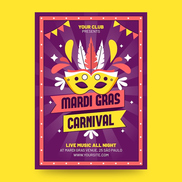 Gratis vector mardi gras platte ontwerp poster afdruksjabloon