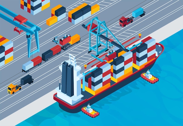 Marina isometrische gekleurde achtergrond met schip geladen met goederen in containers vectorillustratie