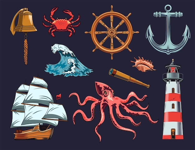 Gratis vector maritieme en nautische elementen illustratie set