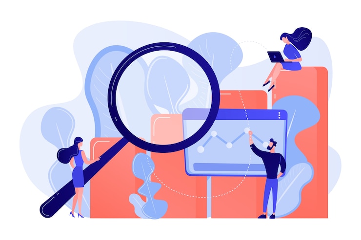 Gratis Vector marketeers met vergrootglas onderzoek marketing kansen grafiek. marketingonderzoek, marketinganalyse, marktkansen en problemen concept illustratie