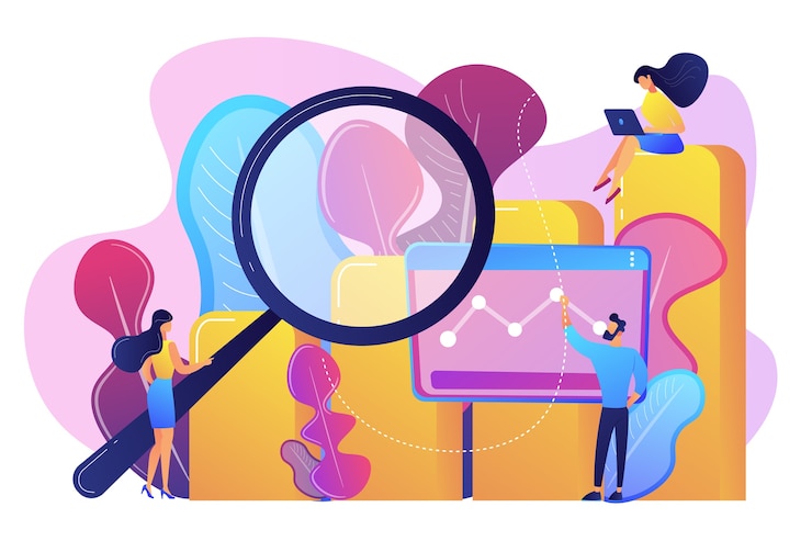 Gratis Vector marketeers met vergrootglas onderzoek marketing kansen grafiek. marketingonderzoek, marketinganalyse, marktkansen en problemenconcept.