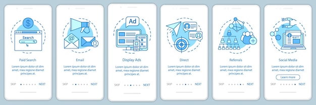 Marketingkanalen blauwe onboarding mobiele app-paginascherm vectorsjabloon. manieren van klantattractie doorloop websitestappen met lineaire illustraties. ux, ui, gui smartphone-interfaceconcept