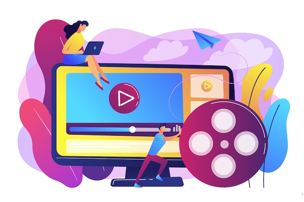 Marketingstrateeg met laptop die met videocontent werkt. Video-inhoudmarketing, video-marketingstrategie, concept voor digitale marketingtool. Heldere levendige violet geïsoleerde illustratie