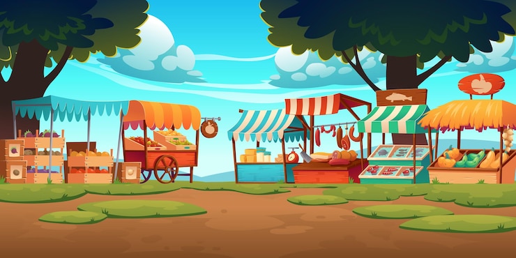 Gratis Vector marktkraampjes met fruit, groenten, kaas, vlees en vis op toonbank en in kratten.