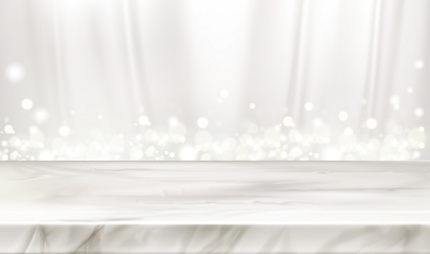 Marmeren podium of tafel met witte zijden gordijnen en gloeiende sparkles.