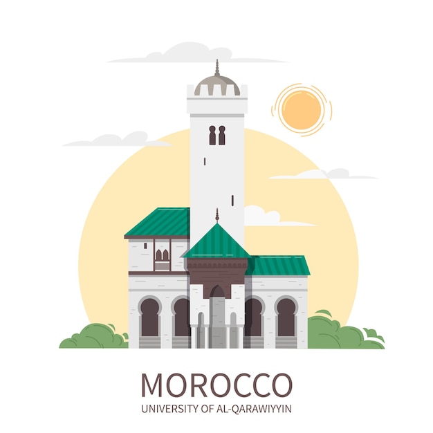 Gratis vector marokko toeristische reizen platte samenstelling van bewerkbare tekst en afbeelding van het oude gebouw op hemel achtergrond vectorillustratie