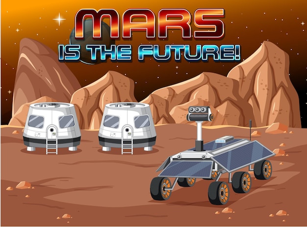 Mars is het toekomstige logo op de achtergrond van het ruimtestation