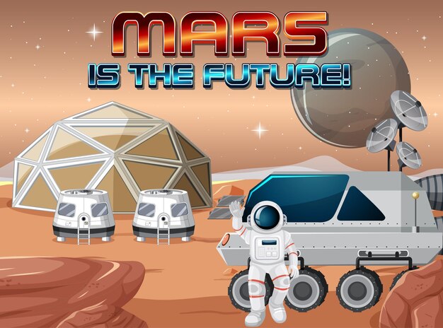 Mars is het toekomstige logo op de achtergrond van het ruimtestation