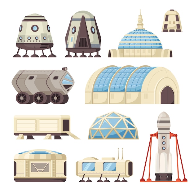 Gratis vector mars kolonisatie set van geïsoleerde iconen met landingsmodules habitat gebouwen rovers en raketlanceerplatform vectorillustratie