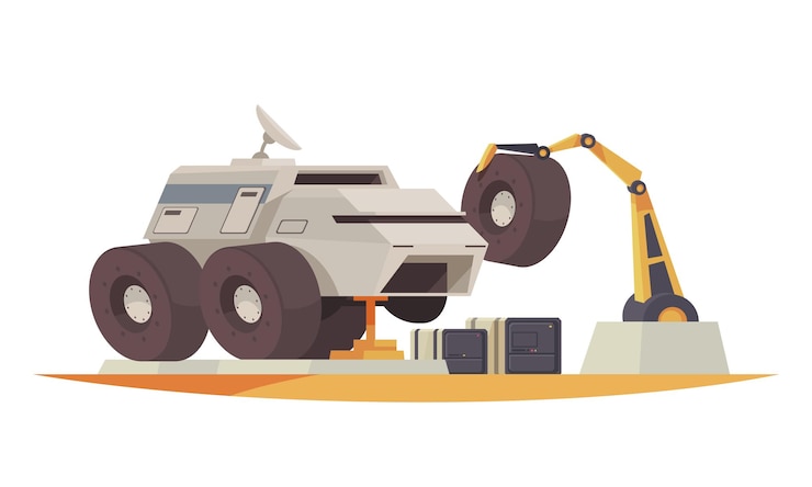 Gratis Vector mars-kolonisatiesamenstelling met buitenaards terrein en opgravende rover met wielen en arm vectorillustratie