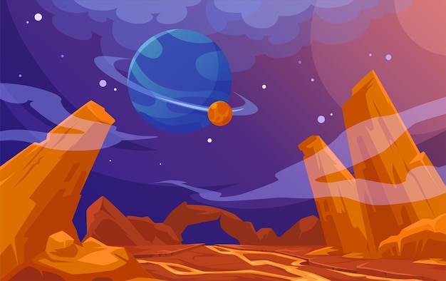 Gratis vector marslandschap, buitenaardse planeetachtergrond, rood landoppervlak, bergen en stromende lava, saturnus en sterren schijnen op de donkere hemel. mars buitenaardse computerspel achtergrond, cartoon vectorillustratie