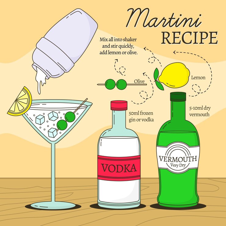 Gratis Vector martini cocktailrecept voor alcoholische dranken