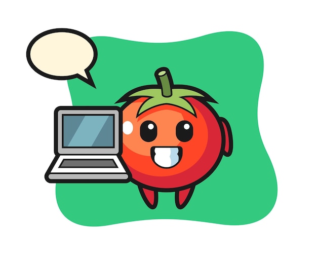 Mascotteillustratie van tomaten met een laptop, schattig stijlontwerp voor t-shirt, sticker, logo-element