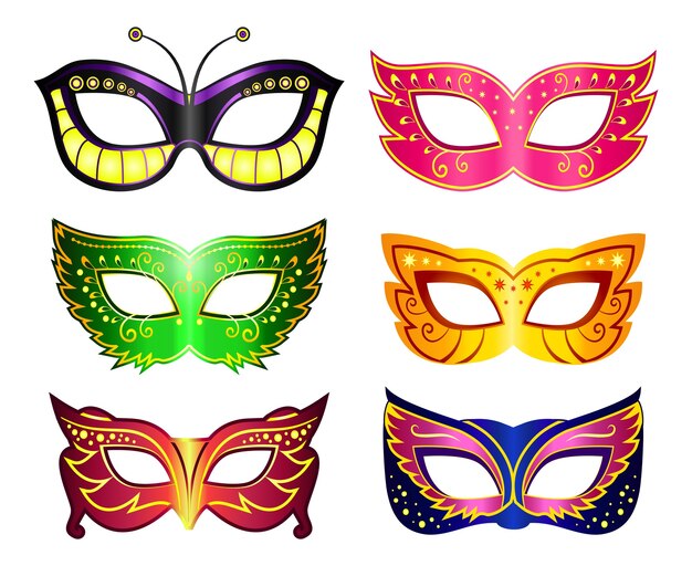 Maskerademaskers instellen. Carnaval-masker, kleurrijk versierd, accessoire en anoniem, vectorillustratie