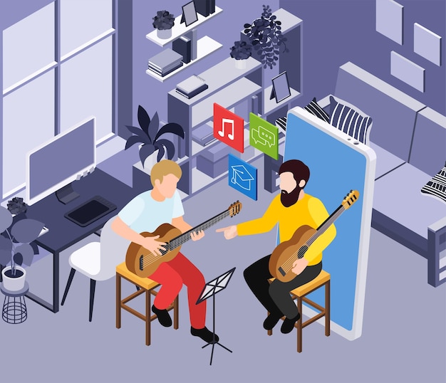 Gratis vector masterclass workshop groep leren oefenen isometrische compositie met binnenlandschap en twee mannen die gitaar vectorillustratie spelen