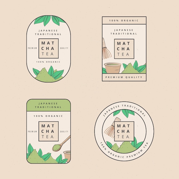 Matcha thee badges illustratie set