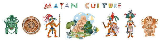 Maya-cultuur en mensen in rij oude beschaving pictogrammen in Mexico vector illustratie Tribal mannen en vrouw Chichen Itza tempel kalender maskers tekst op witte achtergrond