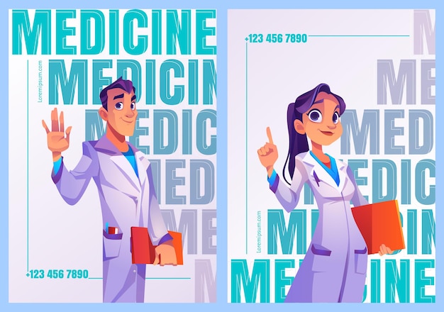 Gratis vector medicijnposters met dokters in professioneel uniform