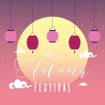 Medio herfst festival wenskaart met maan en lampen opknoping vector illustratie ontwerp