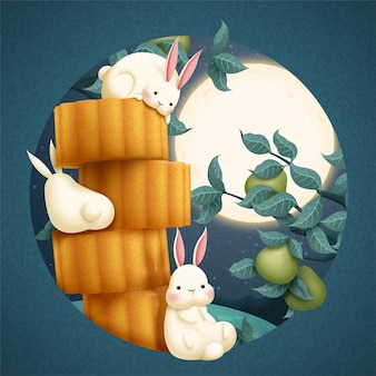 Medio herfstfestivalillustratie met mooie konijnen en mooncakes op volle maanachtergrond