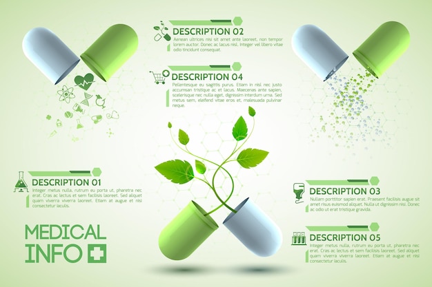 Medisch design poster met drie medicinale capsules bestaande uit twee delen