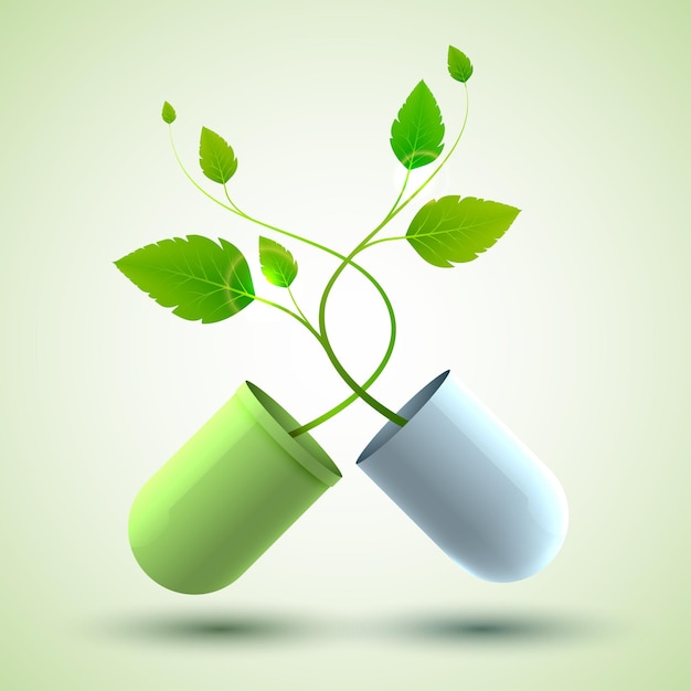 Medisch design poster met originele medicinale capsule bestaande uit groene en blauwe delen en bladeren als levenssymbool illustratie