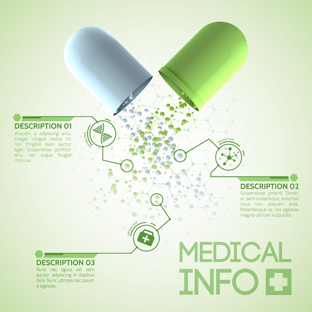Gratis vector medisch design poster met originele medicinale capsule bestaande uit groene en witte delen