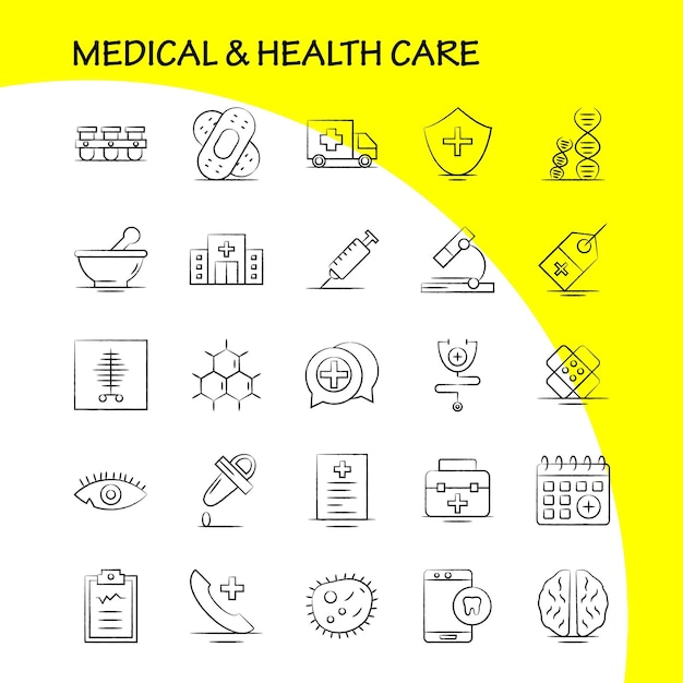 Gratis vector medisch en gezondheidszorg handgetekend pictogram voor webprint en mobiele uxui-kit zoals medisch chatten plus gezondheid mobiele celtand medisch pictogrampakket vector