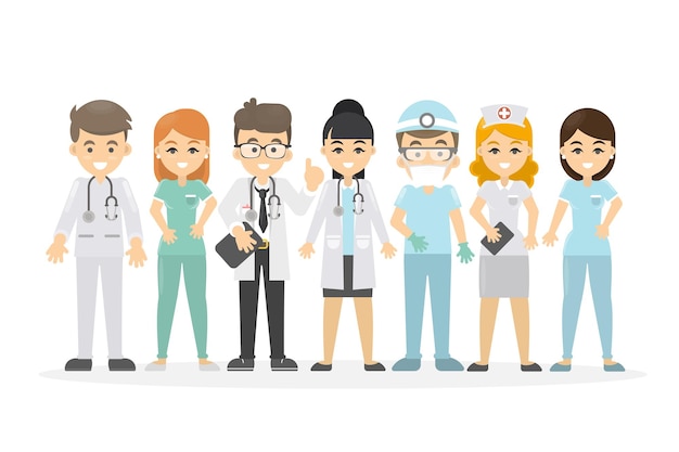 Gratis vector medisch personeel set dokter en verpleegster chirurg en apotheker