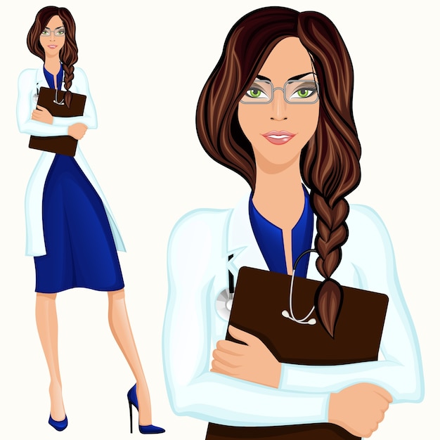 Medische aantrekkelijke arts assistent staande in witte lab coat met document folder vector illustratie