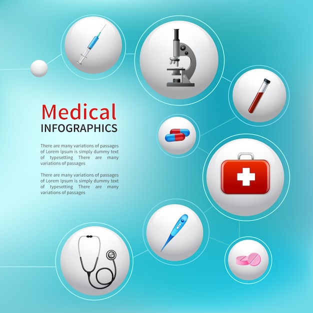 Medische apotheek ambulance bubble infographic met realistische gezondheidszorg iconen vector illustratie