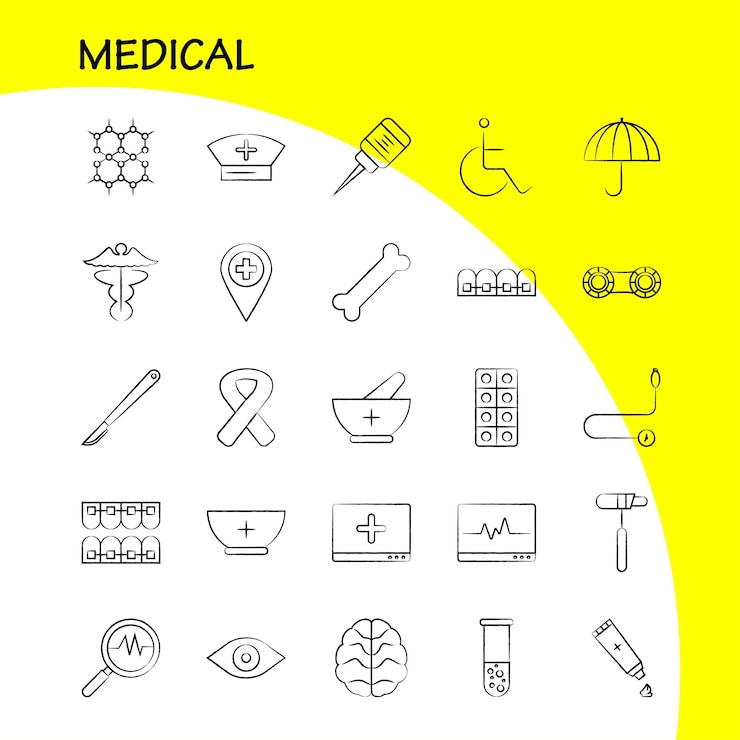Gratis Vector medische handgetekende pictogrammen instellen voor infographics mobiele uxui-kit en afdrukontwerp omvatten dna-wetenschap medical lab ehbo-doos medische eps 10 vector