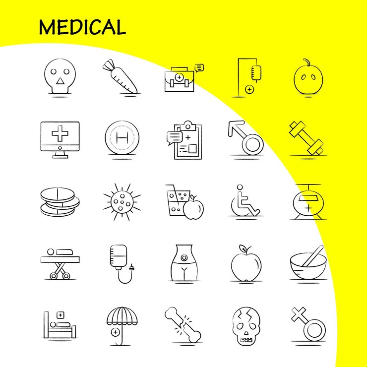 Gratis Vector medische handgetekende pictogrammen set voor infographics mobiele uxui kit en print ontwerp inclusief zonnestelsel ruimte zon planeten zoeken vergrootglas collectie moderne infographic logo en pictogram vector
