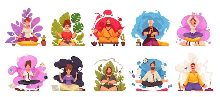 Gratis Vector meditatie balans harmonie zen yoga praktijk ontspanning lotus pose buiten aromatherapie 8 cartoon composities geïsoleerde vector illustratie