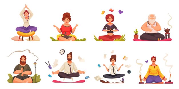 Meditatie yoga praktijk ontspanning in lotus houding buiten huis in kantoor 8 cartoon composities geïsoleerde vectorillustratie