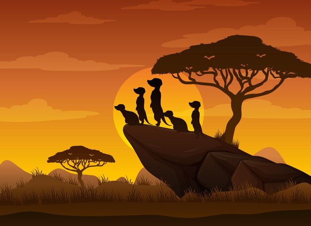 Meerkat-familiesilhouet bij savannebos