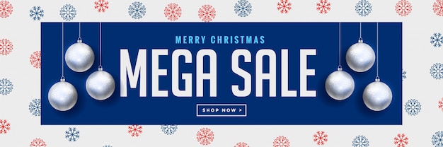 Mega kerst verkoop banner met zilveren hangende ballen