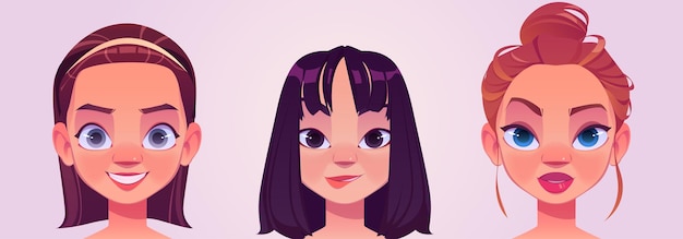 Meisje avatars jonge vrouwelijke personages gezichten set