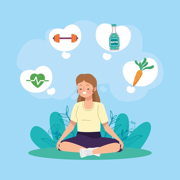 Gratis vector meisje dat yoga en gezonde iconen beoefent