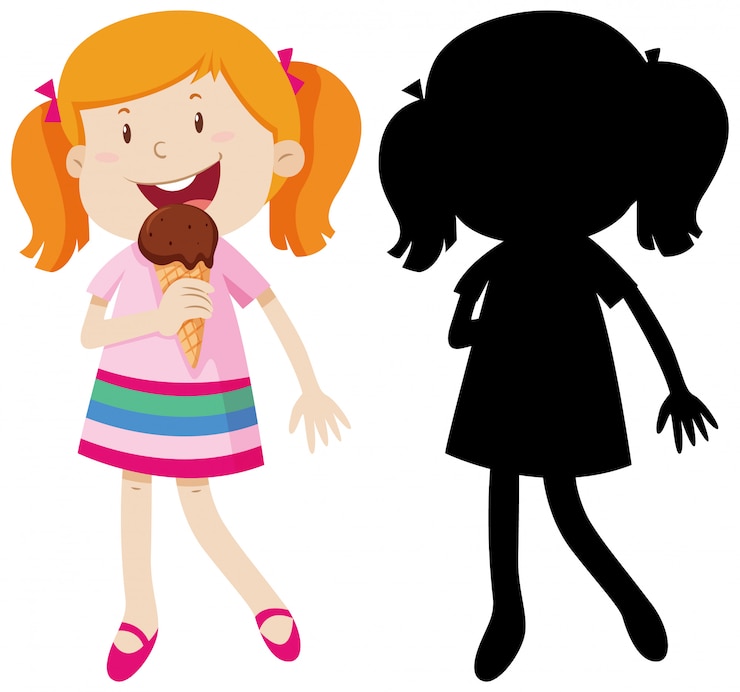 Gratis Vector meisje eet ijs in kleur en silhouet