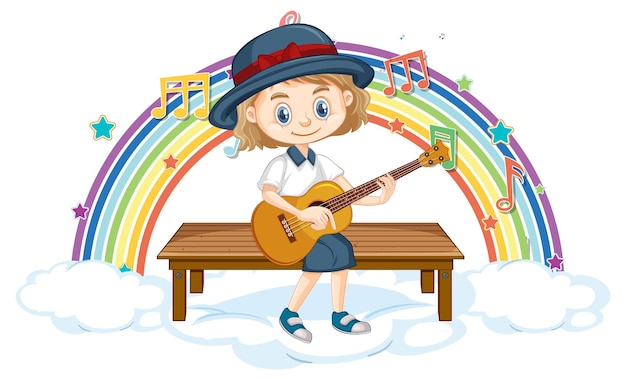 Meisje gitaar spelen met melodie symbolen op regenboog