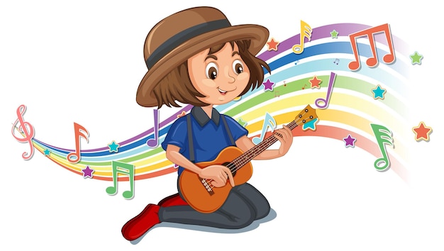 Gratis vector meisje gitaarspelen met melodiesymbolen op regenbooggolf