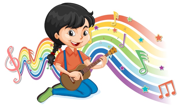 Meisje gitaarspelen met melodiesymbolen op regenbooggolf