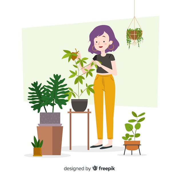 Gratis vector meisje het verzorgen van planten