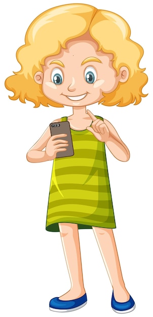 Gratis vector meisje in groen shirt met behulp van smartphone stripfiguur geïsoleerd op een witte achtergrond