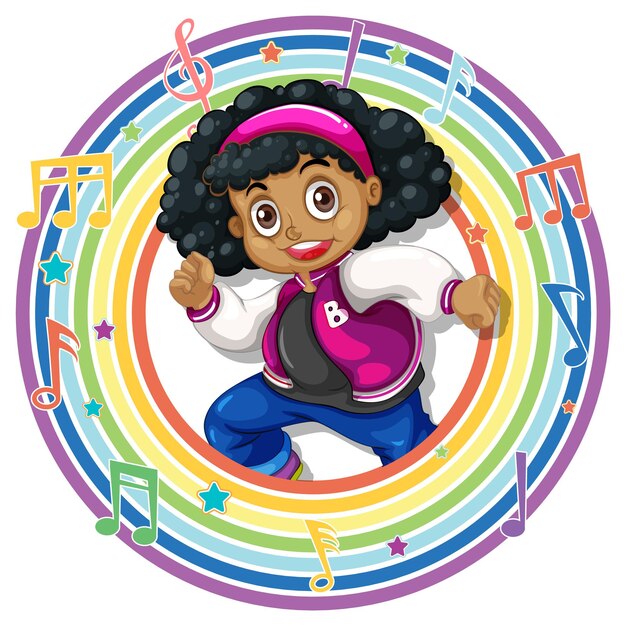Meisje in regenboog rond frame met melodiesymbolen