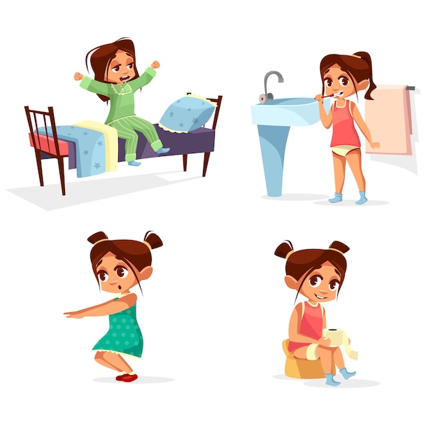 Meisje jongen ochtend routine cartoon.