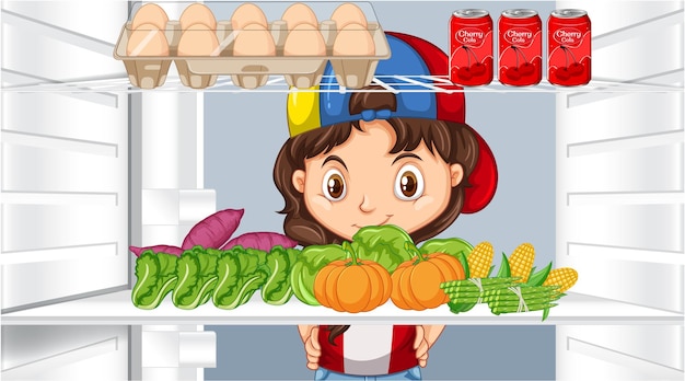 Meisje kijkt naar groenten in de koelkast