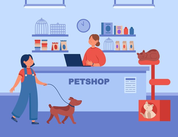Meisje met hond aan de leiband die naar vrouwelijke verkoper bij dierenwinkel komt. Dierenwinkelinterieur met verschillende soorten voedsel en accessoires op planken, schattige katten vlakke afbeelding