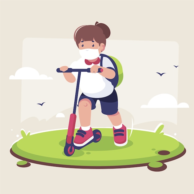 Gratis vector meisje met medische masker op scooter